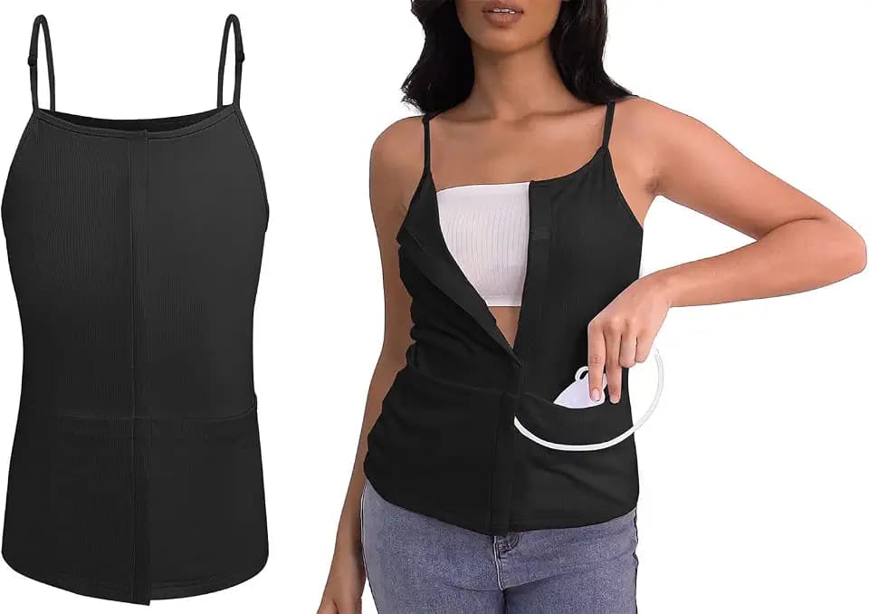 Post Mastectomy Shirts with Drain Pockets Breast Surgery Mastectomy Camisole Top with Hook and Loop Closure