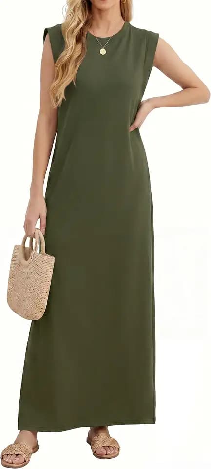 Enmain Sommerkleid Damen Ärmellos Rundhals Maxikleid Sommer Kleid für Damen Lang mit Seitenschlitz Taschen Bügelfreies Damenkleider Elegant Leicht und Luftig Freizeitkleid Tankkleid S-3XL