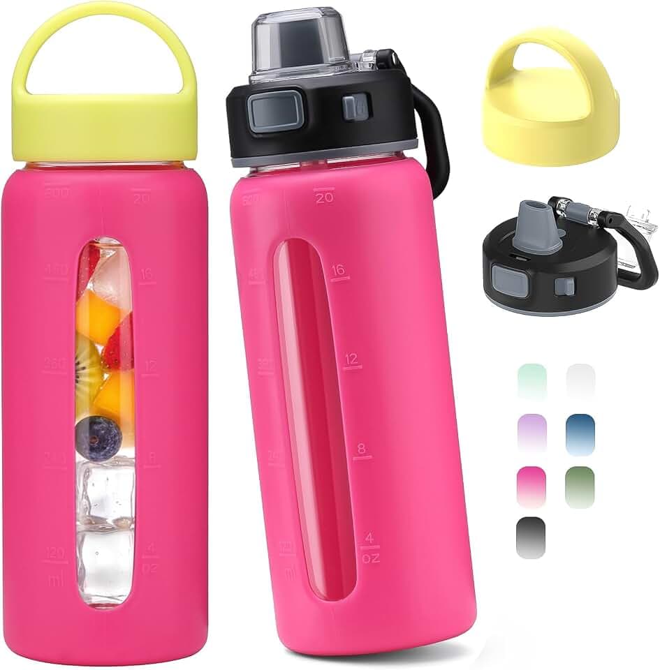 Kodrine 20oz Glass Water Bottle with Straw and 2 Lids Leakproof, Rosered