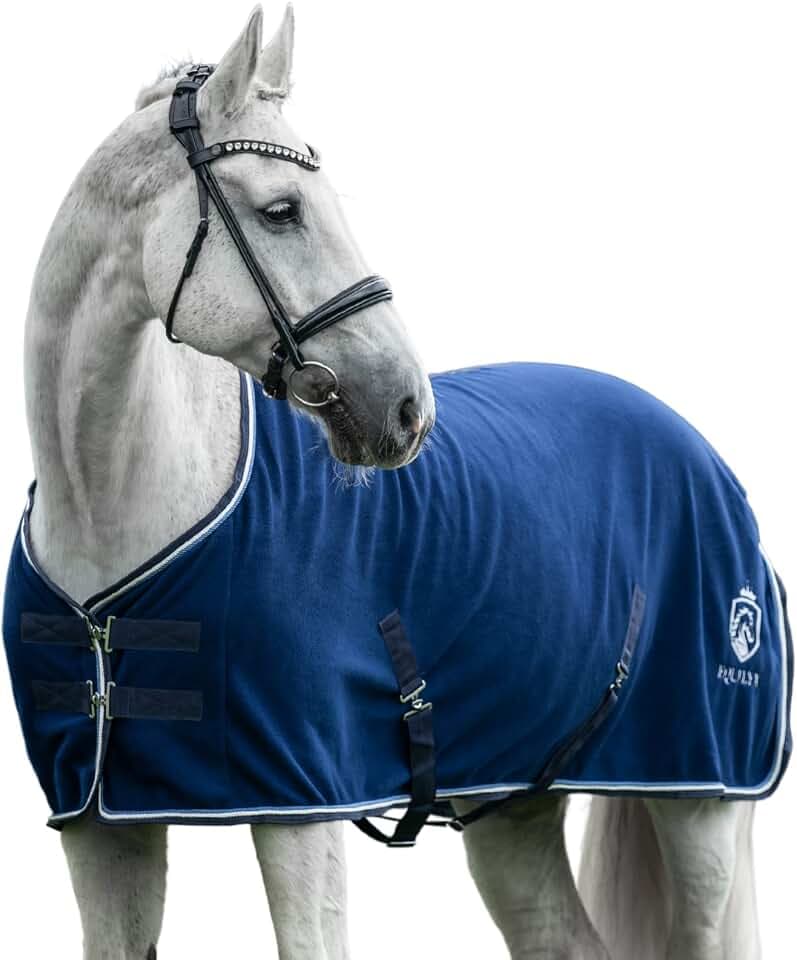 Abschwitzdecke Pferd mit Kreuzgurten [perfekte Passform] Fleecedecke Stalldecke Transportdecke wärmend feuchtigkeitsabsorbierend atmungsaktiv (Royalblau, 165cm)