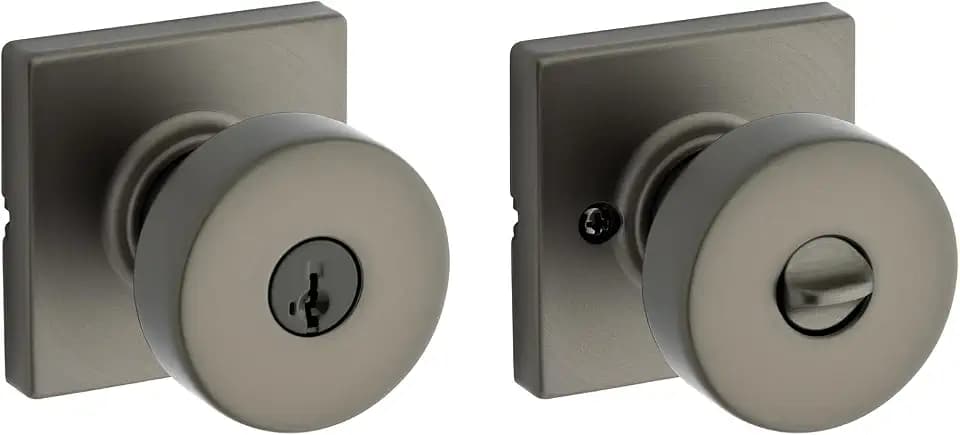 Kwikset Pismo Entry Door Knob with Lock and Key, Square Secure Keyed Handle Exterior Doorknob, Front Entrance and Bedroom, Gunmetal, Pick Resistant SmartKey Rekey Security
