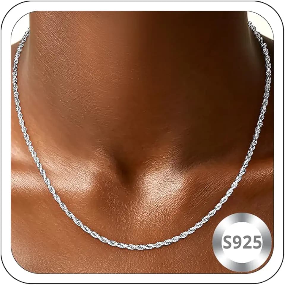925 Sterling Silver Chain Necklace for Women, 2mm Rope Chains Silver Chain for Women Shiny Sterling Silver Necklace, Women's Chains Necklace 16 Inch
