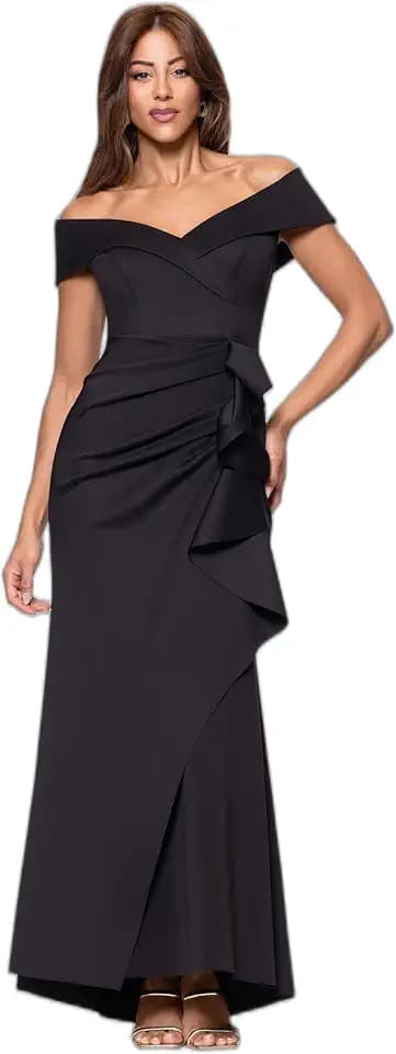 Xscape Women's Long Off-the-Shoulder Sweetheart Neckline Formal Evening Gown with Ruching and Draped Ruffle Detail