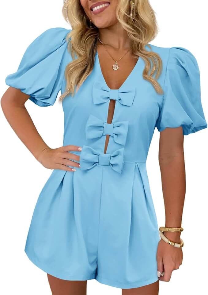 Cicy Bell Womens Cute Rompers Bow Front Puff Sleeve V Neck Short Jumpsuits Sexy Summer Outfits with Pockets