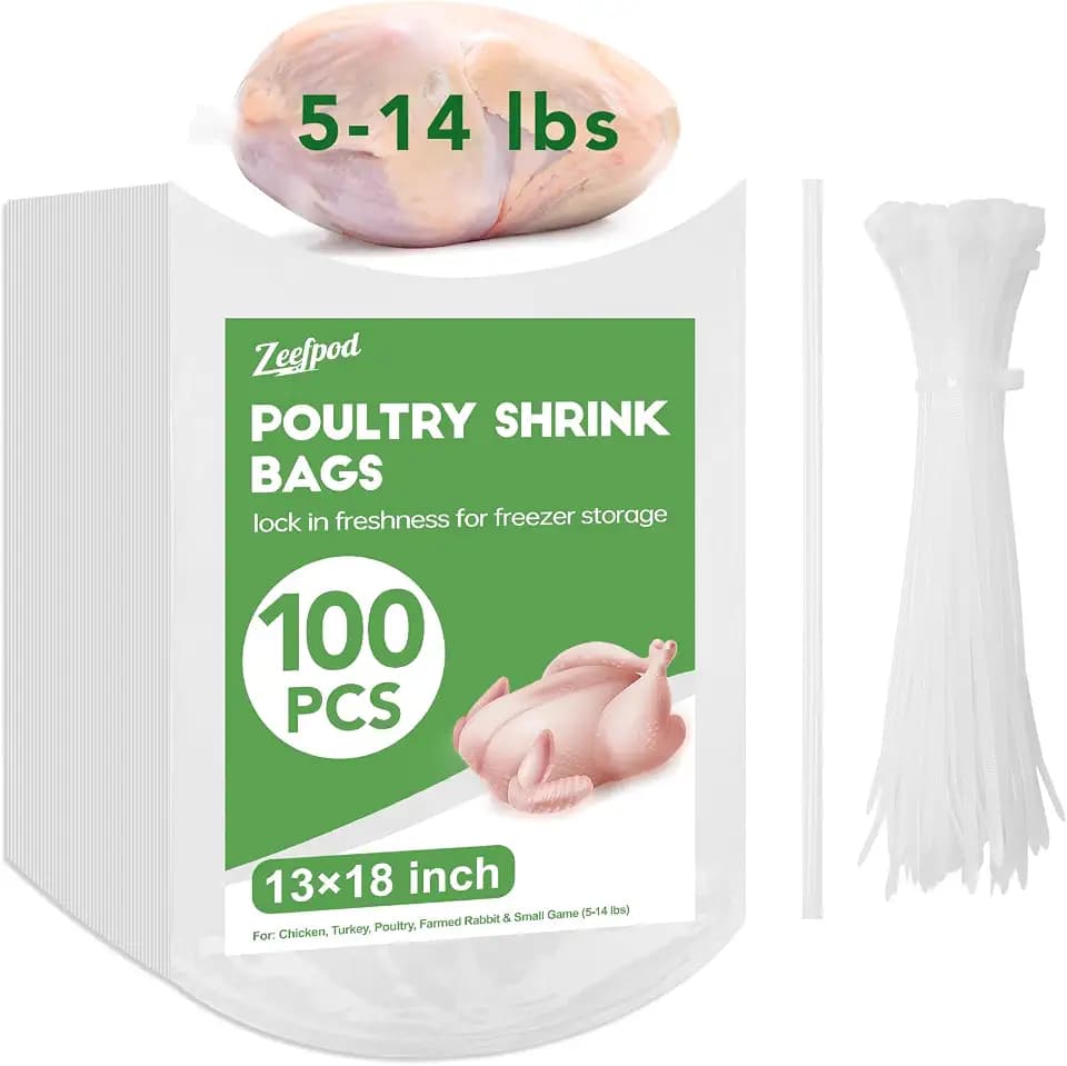 Poultry Shrink Bags,100 Pack,13x18Inches Clear Poultry Heat Shrink Wrap Chicken Bags for Freezer With 100 Zip Ties,a Silicone Straw for Chickens,Turkey,Rabbits(5-14 lbs)