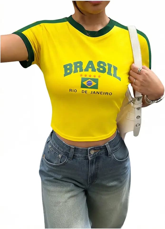 SHENHE Women's Brazil Shirt Crop Top Crewneck Vintage Short Sleeve Tops Y2K Graphic Baby Tee Jersey Shirt