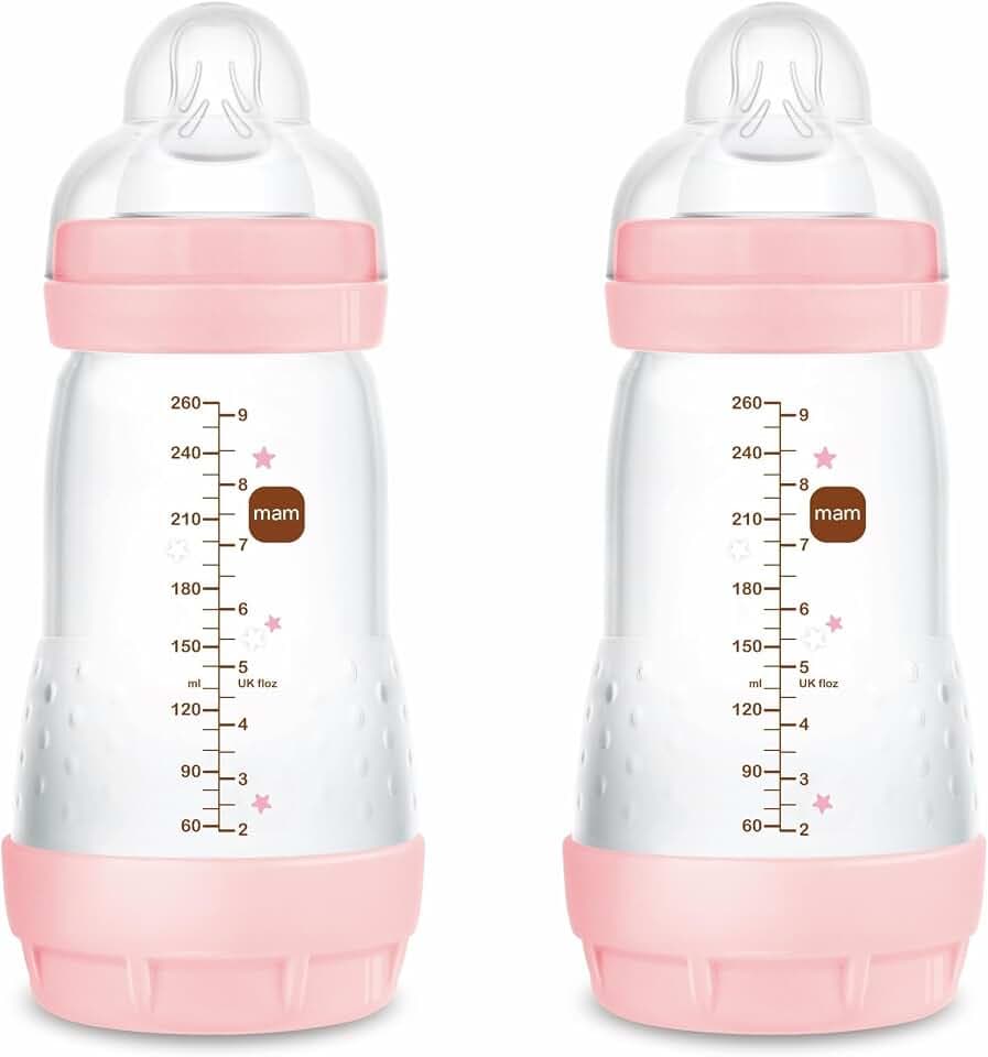 MAM Packung mit 2 Anti-Kolik-Flaschen, 2-4 Monate, 260 ml, mit Sauger, 2 mittleren Durchfluss aus Silikon, leicht anzunehmen, selbststerilisierend und leicht zu reinigen, Easy Start Anti-Colic,