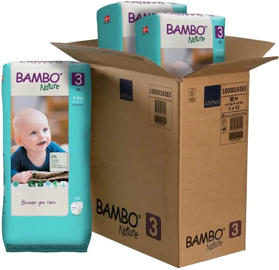 Bambo Nature Hypoallergenic Baby Diapers, Eco-Labeled Sustainable Diapers, Enhanced Leakage Protection, Totally Chlorine-Free, Skin Friendly, and Super Absorbent - Size 3 (9-18lbs) - 156 Count