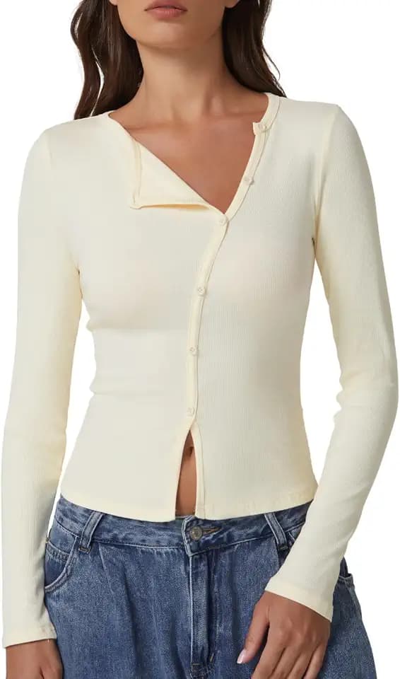 QINSEN Women's Long Sleeve Ribbed Crewneck Shirts Upper Button Fastening Going Out Tops