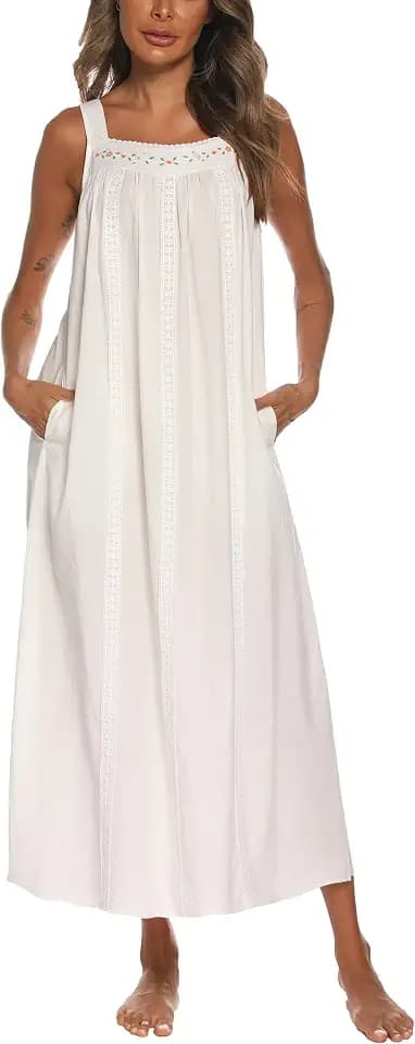 YOZLY Nachthemd aus Baumwolle für Damen, bestickt, ärmellos, mit Taschen, S–3XL
