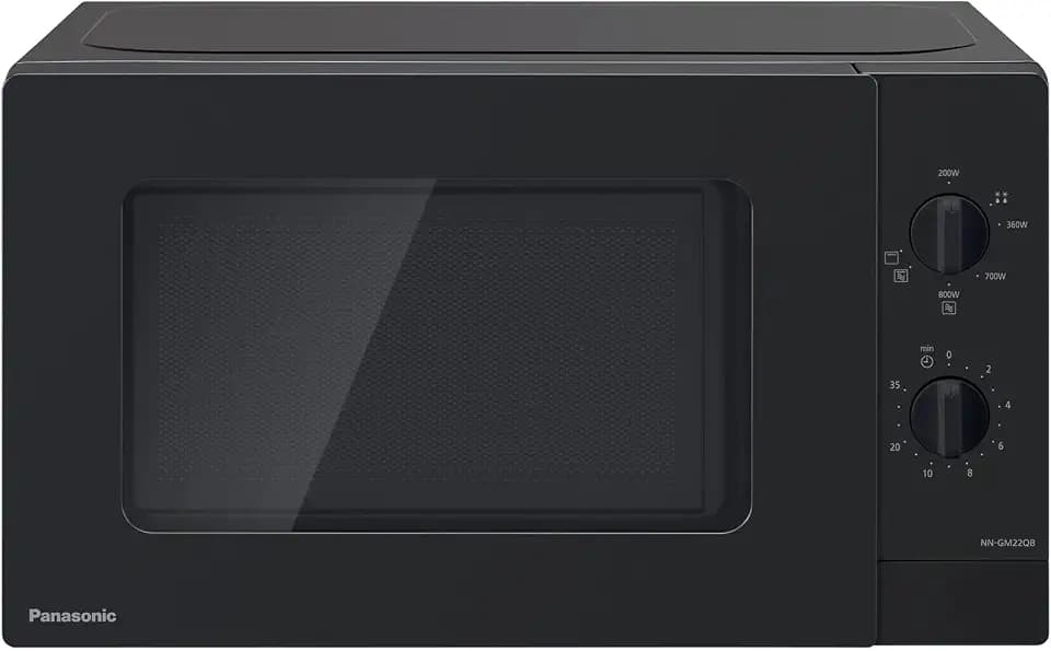 Panasonic NN-GM22QBEPG 20L Grill-Mikrowelle mit Glasplatte und Gitterrost, 800 W, 1000 W Grill, Auftaueinstellung, Drehregler, Quick 30, Timer, Schwarz