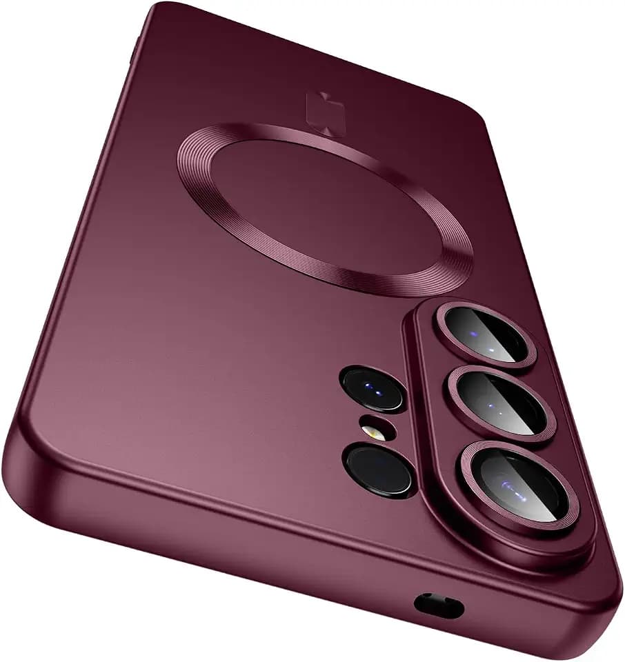LEKEVO Magnetic for Samsung Galaxy S26 Ultra Case [Compatible with MagSafe][Built-in Camera Lens Protector] Slim Soft Silicone Bumper Shockproof Metallic Luster Phone Case, Burgundy