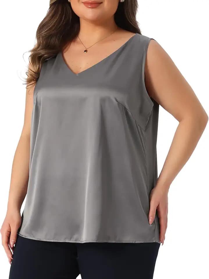 Agnes Orinda Plus Size Silk Satin Tank Tops for Women V Neck Casual Cami Sleeveless Blouses Summer Basic Camisole