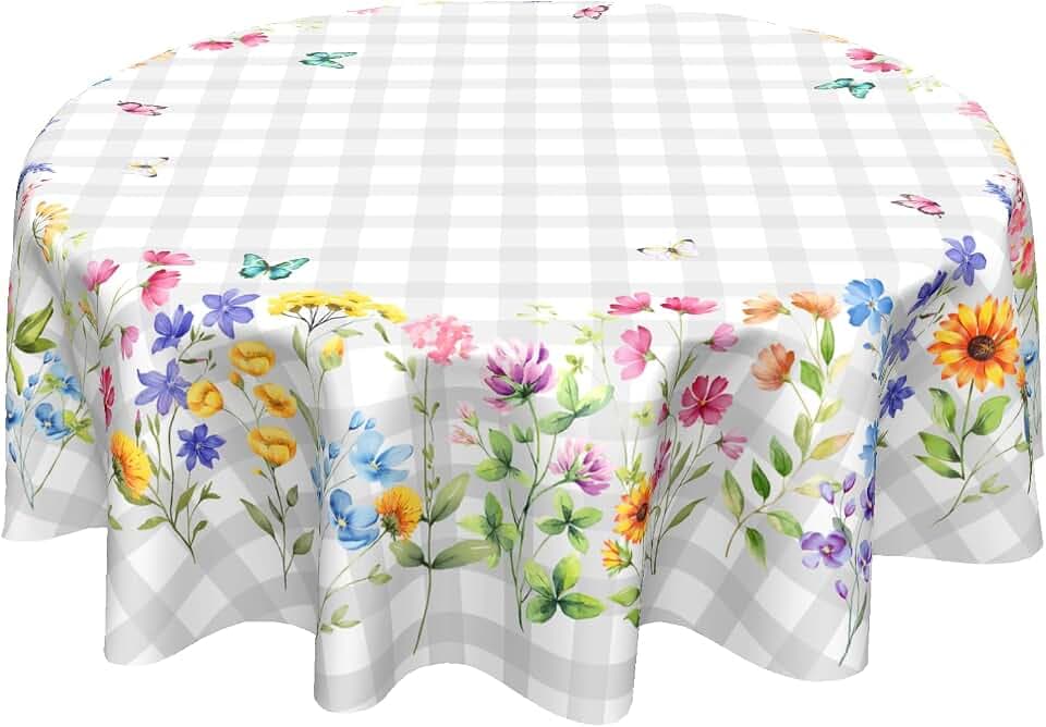 Sweetshow Spring Colorful Floral Table Cloth Round White Grey Buffalo Plaids Wildflower Butterflies Tablecloth 60 Inch Decor Washable Stain and Wrinkle Summer Round Table Cover for Dining Picnic
