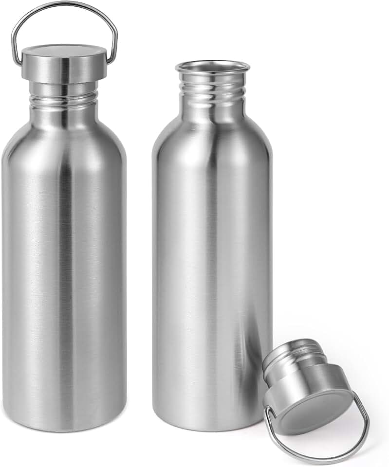 Volhoply 1000ml nicht isolierte einwandige Wasserflasche 2 Packung, Edelstahl wiederverwendbare Wasserflaschen mit Griff, BPA-freie und plastikfreie Metallflaschen für Camping, Wanderer, Radfahrer