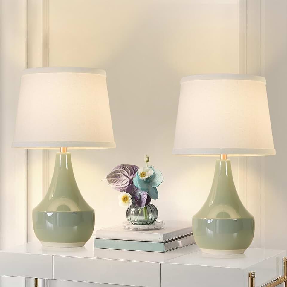 GyroVu 18" Table Lamp Set of 2, Ceramic Table Lamp Classic Beside Lamps Nightstand Lamp Modern Lamp for Living Room, Bedroom & Office Rocker Switch Sage Green-LED Bulbs Included