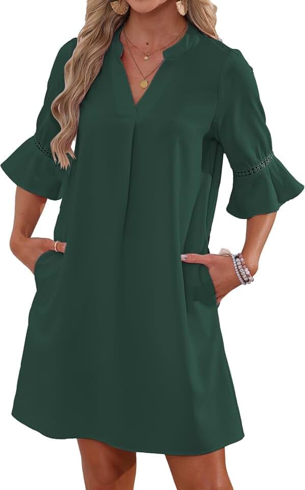Famulily Damen Flowy Bell Kurzarm Etuikleid V-Ausschnitt Lose Sommer Freizeitkleider mit Seitentaschen S-XXL