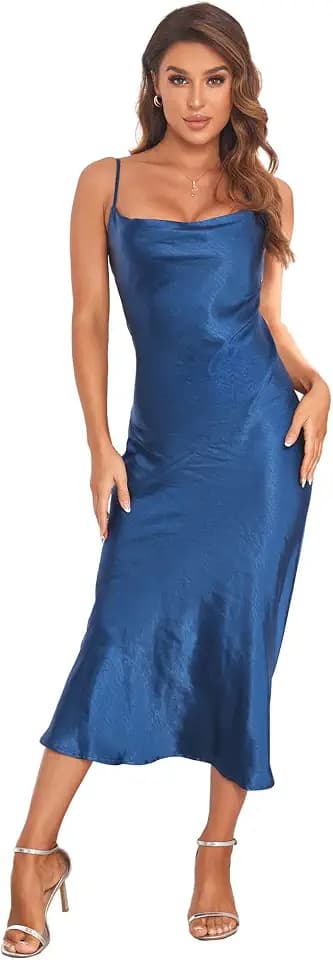 Atnlewhi Damen Satin Sexy Spaghettiträger Slip Kleid Nachtkleid Wasserfallkragen Midi Kleider Sommer für Frauen Partykleider
