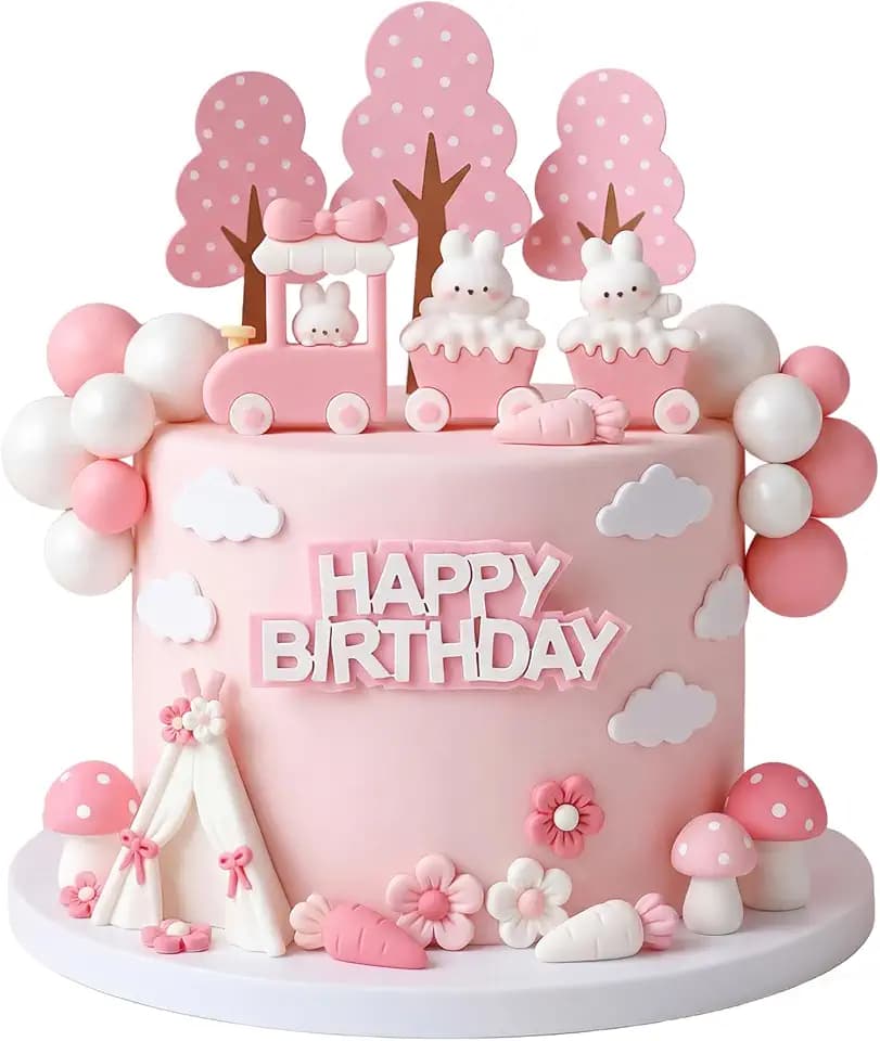 Knana 16Pcs Bunny Train Cake Topper Bunny Birthday Party Decorations