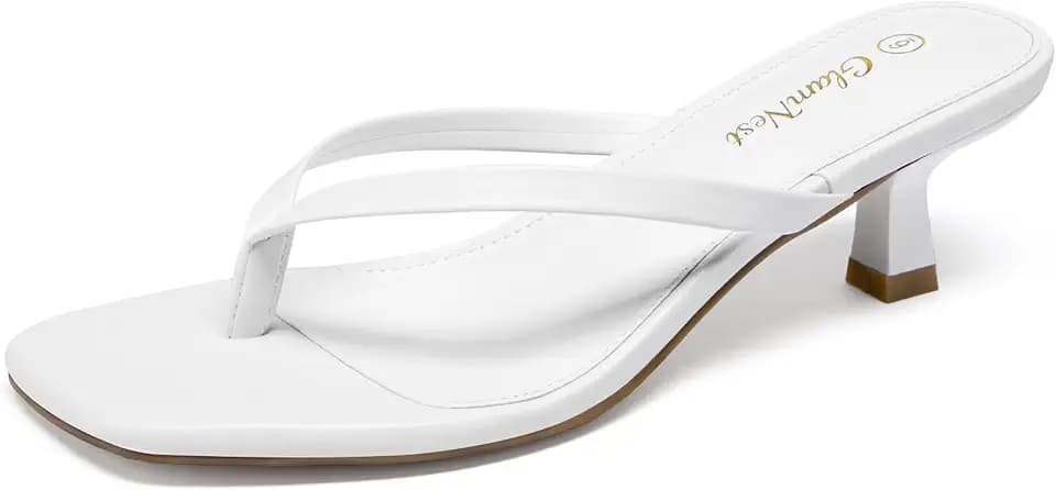 White Kitten Heels Chic Square Open Toe Flip Flop Heels, Size 6.5