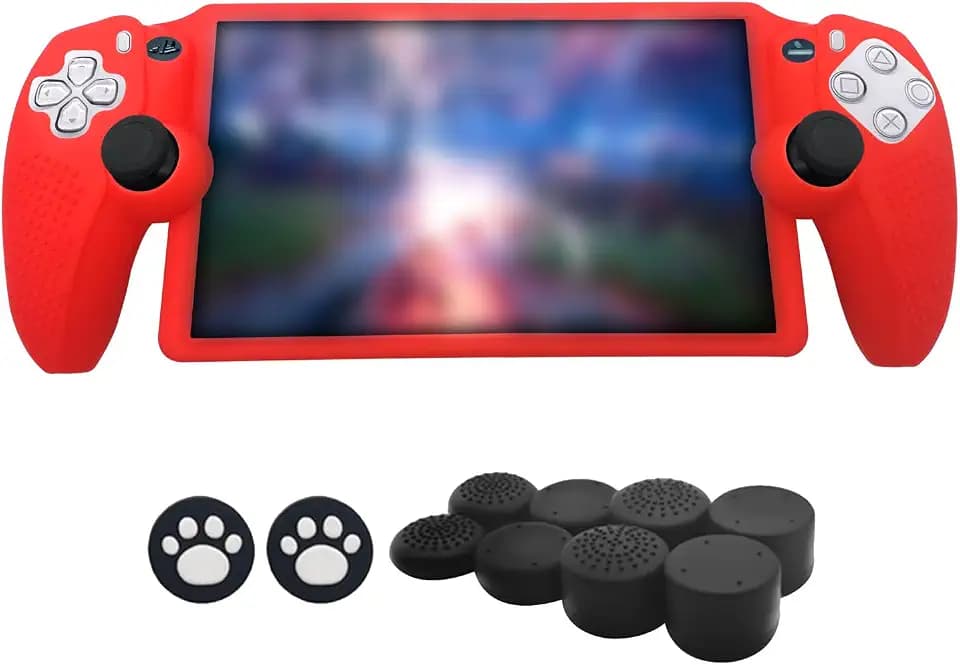 MOJOXR Silicone Protective Cover and Stick Caps Compatible with PS Portal, Anti-Slip Protector Case and 10 Thumb Grip Caps Accessories for PS Portal Remote Player(Red)
