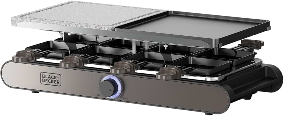 Black+Decker – Raclette| 8 Personen| Platten 21 x 21 cm| Regulierbare Temperatur| 1400 W| Umkehrbare und antihaftbeschichtete Platte| Naturstein| Zubehör inklusive| PFOA-frei