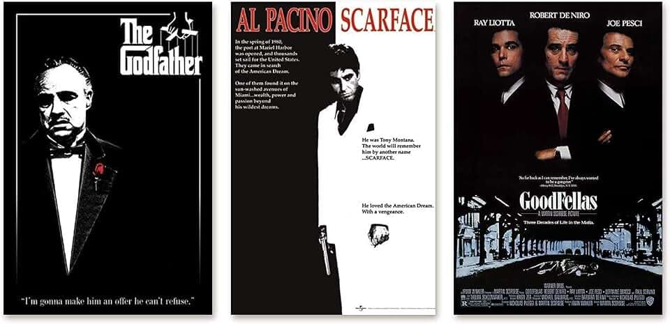 Close Up Gangster Movies Poster 3er-Set, Der Pate The Godfather, Al Pacino Scarface, Goodfellas - 61 x 91,5 cm
