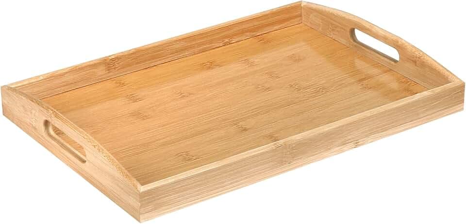 Bambus Serviertablett mit Griffen, Holz Tablett Küchentablett Servierplatte Frühstückstablett für Frühstück, Tee, Couchtisch, Küchen Deko Bett (40 x 28 x 3 cm)