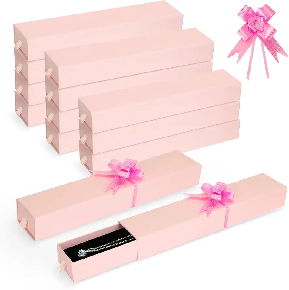 12-Pack Drawer Style Jewelry Gift Boxes with Sponge Insert, 8.7"x1.8"x1.2" Necklace & Bracelet Display Box for Presentation, Cardboard Storage Organizer for Pendant, Ring, Earring - Pink