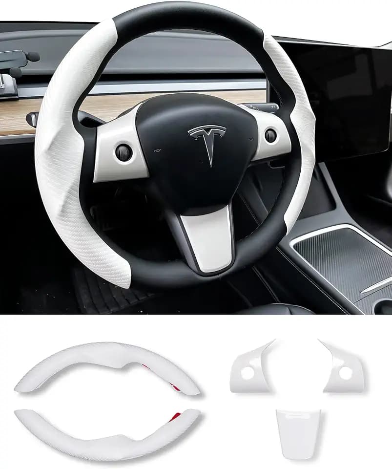 Uxcer Carbon Fiber Steering Wheel Cover & ABS Wrap Kit for Tesla Model 3 / Y Accessories White