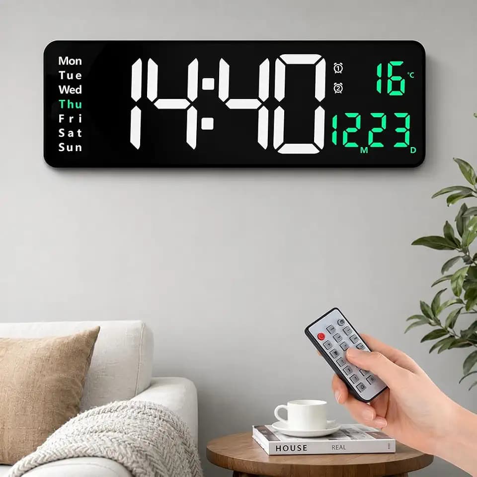 40,6 cm große digitale Wanduhr, LED-Digitaluhr mit Fernbedienung, Datum, Woche, Temperaturanzeige, Dual-Alarme, 12/24 Stunden, 10-stufiger Dimmer, Countdown-Timer für Wohnzimmer, Büro, Küche (grün)