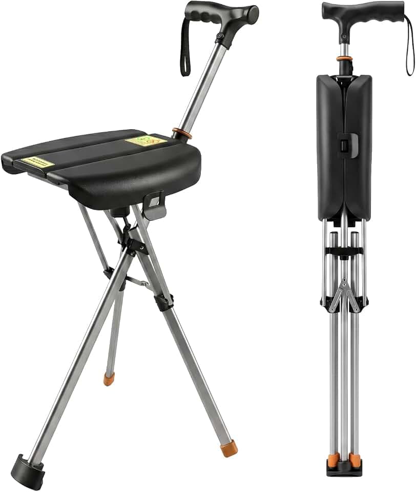 Folding Walking Cane with Seat, 2-in-1 Cane Chair for Seniors, Lightweight Portable Walking Stick with Hard Seat