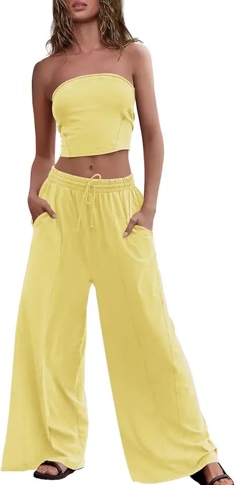 Panadila Womens Summer Lounge Sets 2 Piece Outfits Tube Top and Wide Leg Pants Matching Set Beach Vacation Clothes