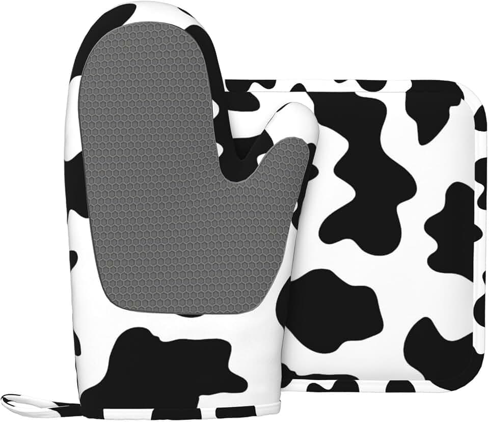 Silicone Oven Mitts and Pot Holders Sets, Home Cow Print Heat Resistant BBQ Gloves for Kitchen Baking Cooking Grilling Microwave