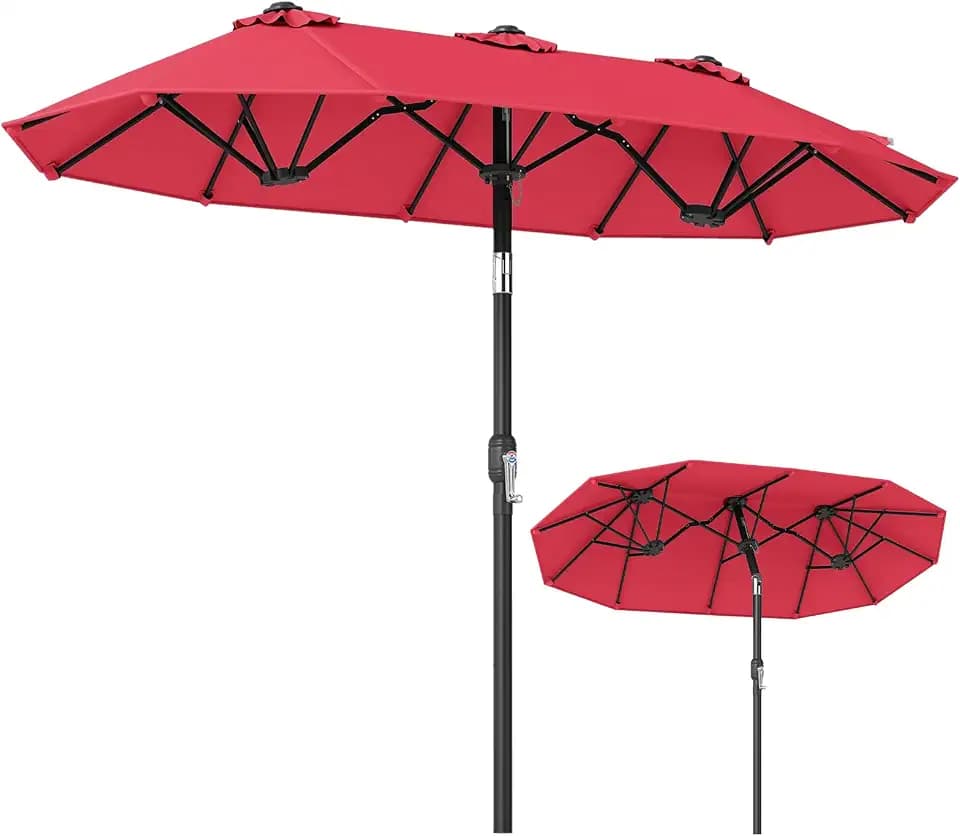 FANTASK Doppelsonnenschirm, 300x150cm, Gartenschirm knickbar mit Kurbel, Doppel Sonnenschirm, Marktschirm, Terrassenschirm für Garten, Terrasse, Balkon (Rot)