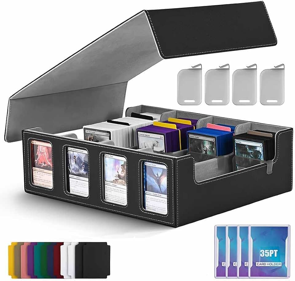 Aufbewahrungsbox für Sammelkarten mit Commander-Display, fasst über 2400 Karten, 4-reihiges Kartendeck-Etui mit 12 bunten Trennwänden und 4 Stoppern, geeignet für MTG- und Sportkarten (Schwarz+Grau)