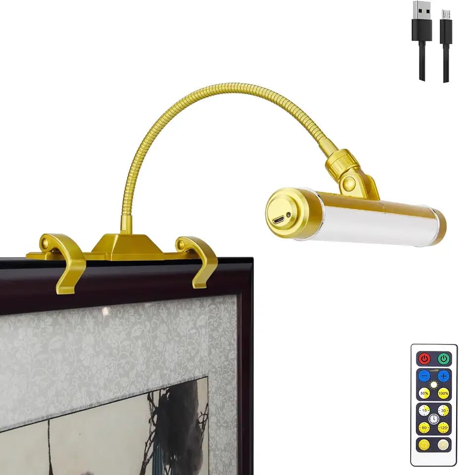 LUXSWAY Wireless Picture Frame Led Lighting,Rechargeable Art Display Lighting Clip on Pictures,Over Painting Lights with Remote,Artwork Lamp with Flexible Neck,28 LEDs 3 Lighting Modes 200LM-Gold