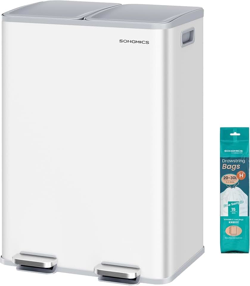 SONGMICS Mülleimer Küche, 2 x 30 Liter, 2 Fächer, Abfalleimer, Tretmülleimer, Küchenmülleimer mit Softclose-Deckel und Inneneimer, Stahl, inklusive 15 Müllbeutel, mattweiß LTB741W02
