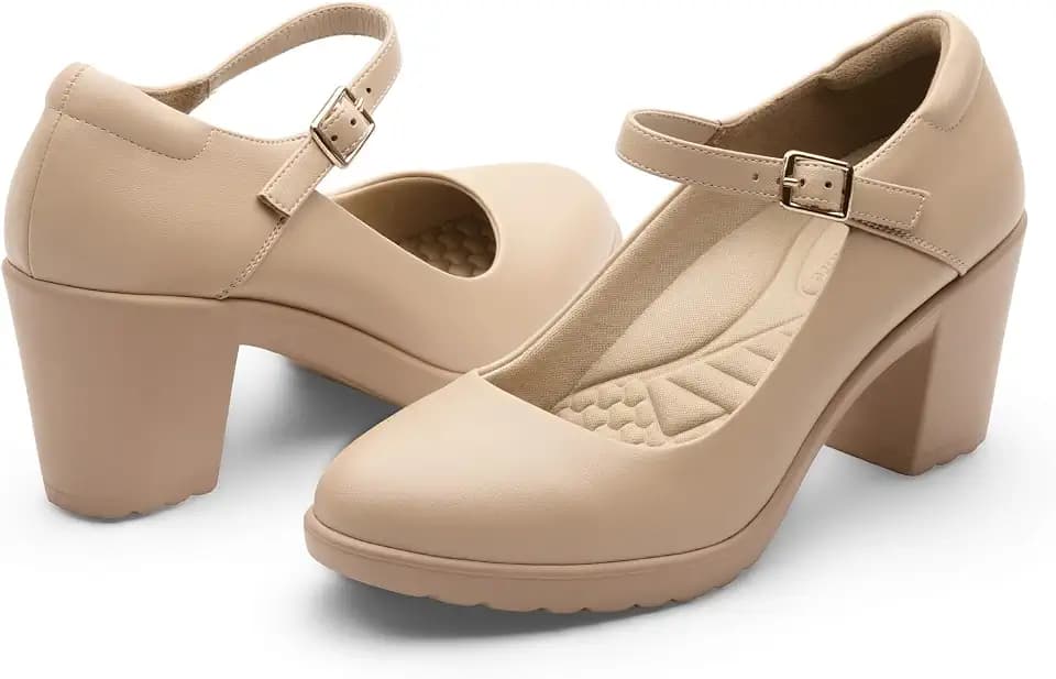 Cusolemore Mary Jane Heels with Arch Support, Closed Round Toe Chunky Pumps for Women, Comfortable Block Heel Dress Shoes