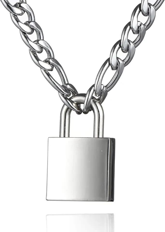 DIBOLA Padlock Necklace Stainless Steel Lock Chain for Men Women Silver 18-24 inch