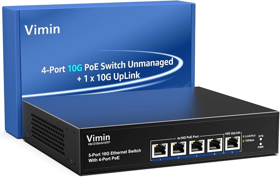 4-Port 10G PoE Switch with 10G Uplink Port, VIMIN 4-Port 10Gbe PoE Network Switch, Auto-Negotiation, for 10G NAS Network, Support IEEE802.3af/at, Plug & Play, 65W, 100Gbps Switching Capacity