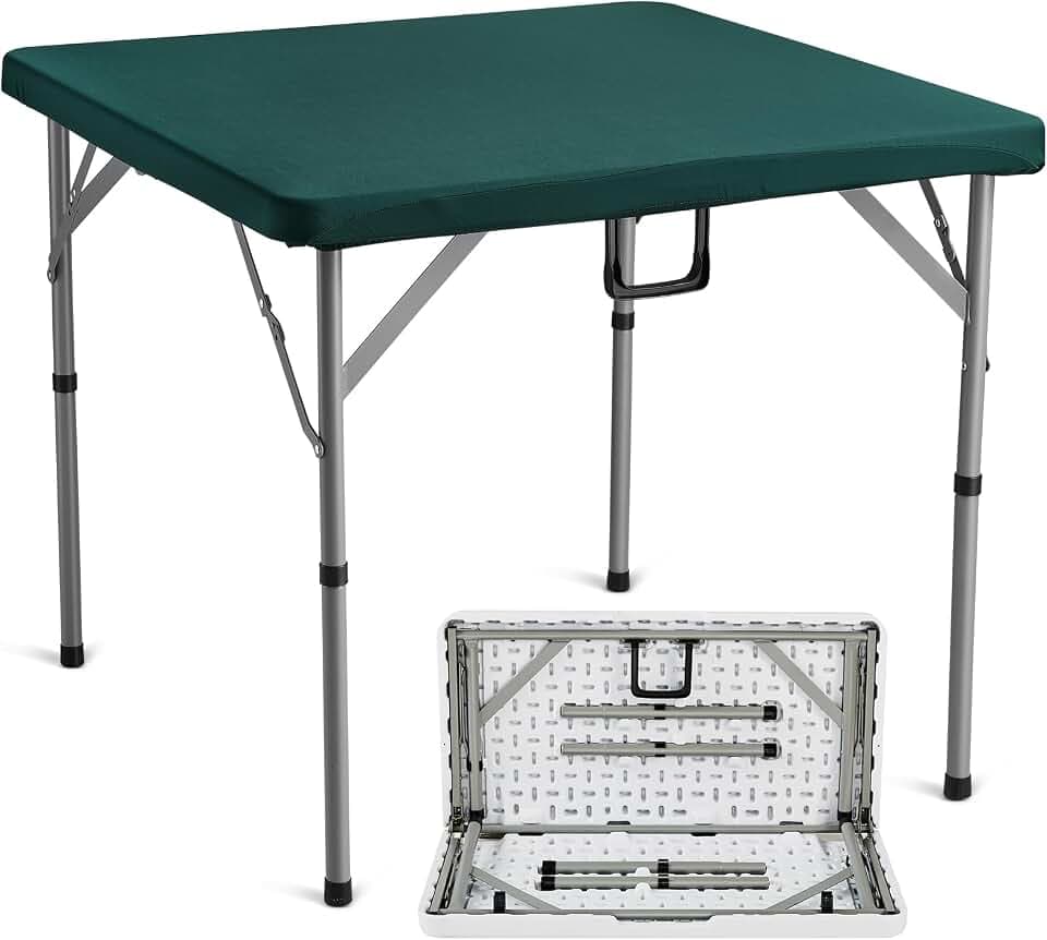 VEVOR Mahjong Table, Fold-in-Half 4 Player Card Table with Wear-Resistant Green Tabletop, Portable Bi-Folding Square Domino Table with Carrying Handle for Outdoor Camping Picnic Party, 34 x 34-inch