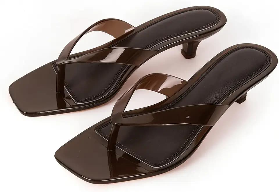 FIFSY Jelly Kitten Heel Flip Flops for Women Clear Square Open Toe Heeled Sandals Low Heel Thong Sandals Slip-on Clear Heels Shoes