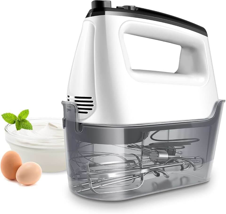 Handmixer Elektrisch Handrührgerät 6 Stufen Plus Turbo Kein Spritzen Mixer Handrührer mit Aufbewahrungskiste,5*Edelstahl Zubehör, Weiß 400W Leiser Motor