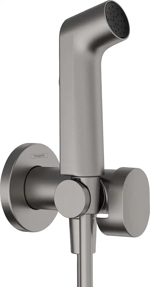 hansgrohe Bidette Handbrause S mit 1 wassersparenden Strahlart (EcoSmart), inkl. Absperrventil, Brausehalter und Brauseschlauch 1,25 m, für Warmwasser, Brushed Black Chrome, 29232340