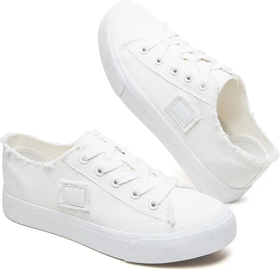 BENPAO Womens White Tennis Shoes Black Canvas Sneakers