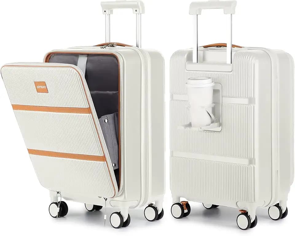 Joyway 20 Inch Carry On Luggage with Front Pocket and Cup Holder, White