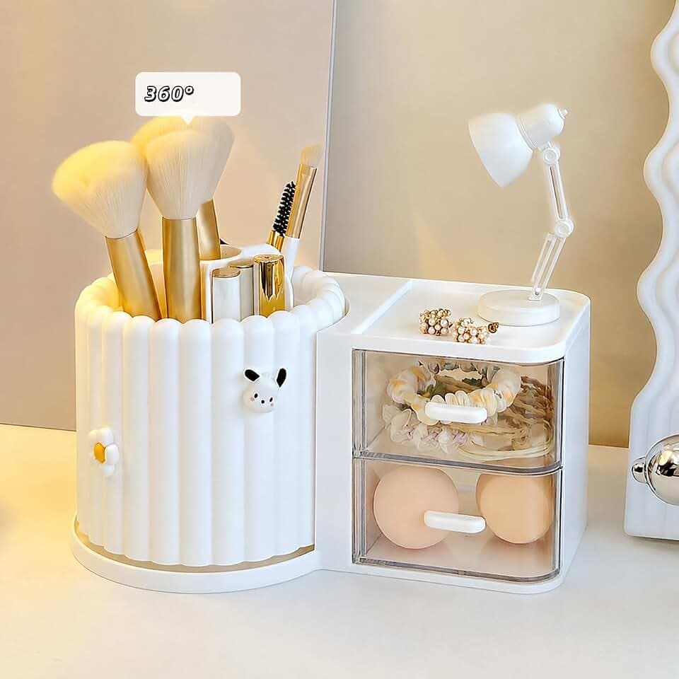 Makeup Organizer Countertop, 360 Rotating Makeup Brush Holder with 2 Drawer Organizer, Small Preppy Kids Desk Organizer, 9.25x5.11 Inch, White