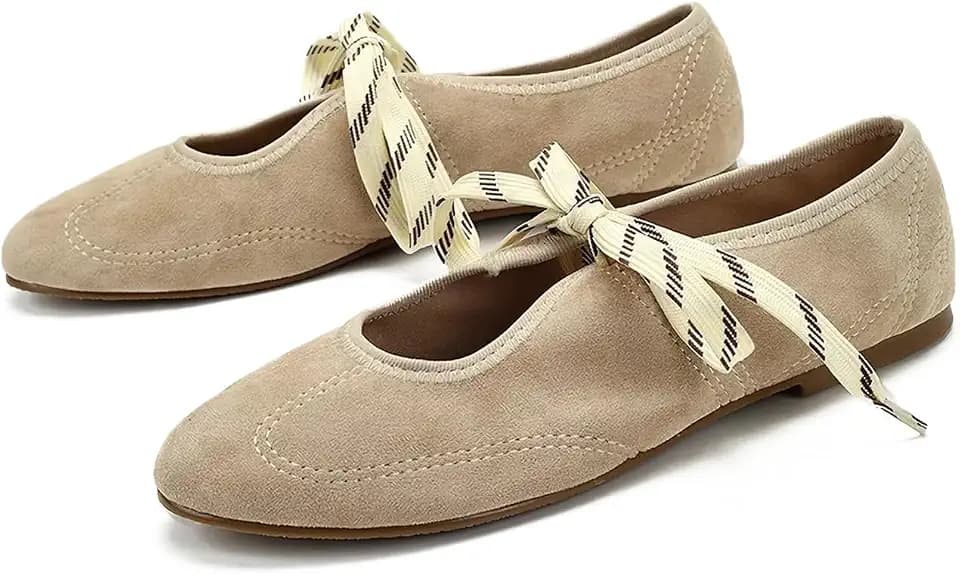 Lace Up Ballet Flats for Women Cute Tied Bow Round Toe Mary Jane Flats Comfortable Slip On Ballerina Shoes
