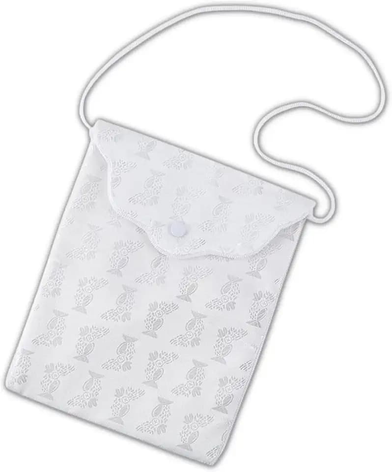 Needzo First Holy Communion Purse, White Satin Brocade Flap Bag, Catholic Gifts for Girls, 6 x 7-1/4 Inches